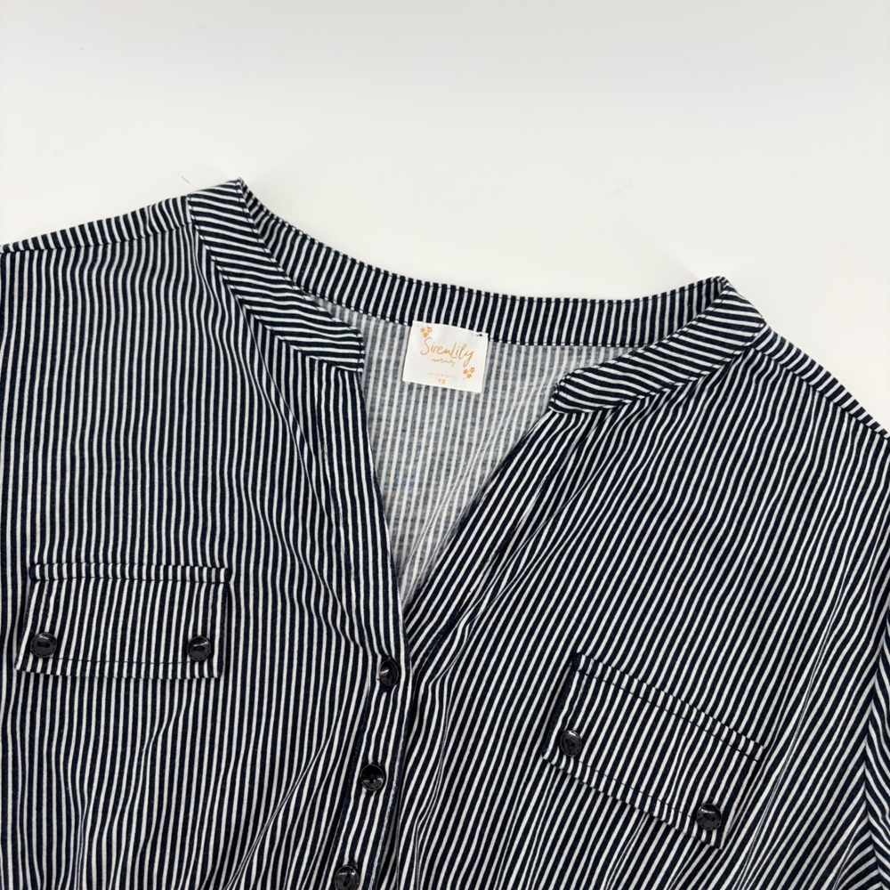 Sirenlily Maternity Navy Blue‎ White Striped Roll Tab Sleeve Blouse Plus Size 1X